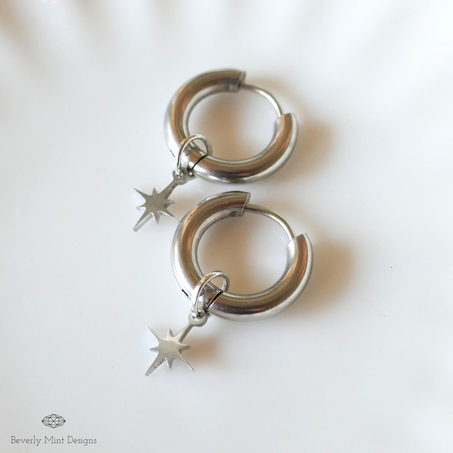 Starburst Stud Earrings, Silver Star Huggie Hoop Earrings, Minimalist Dangle Hoops for Women , Celestial Jewelry, Dainty Star Charm Earrings