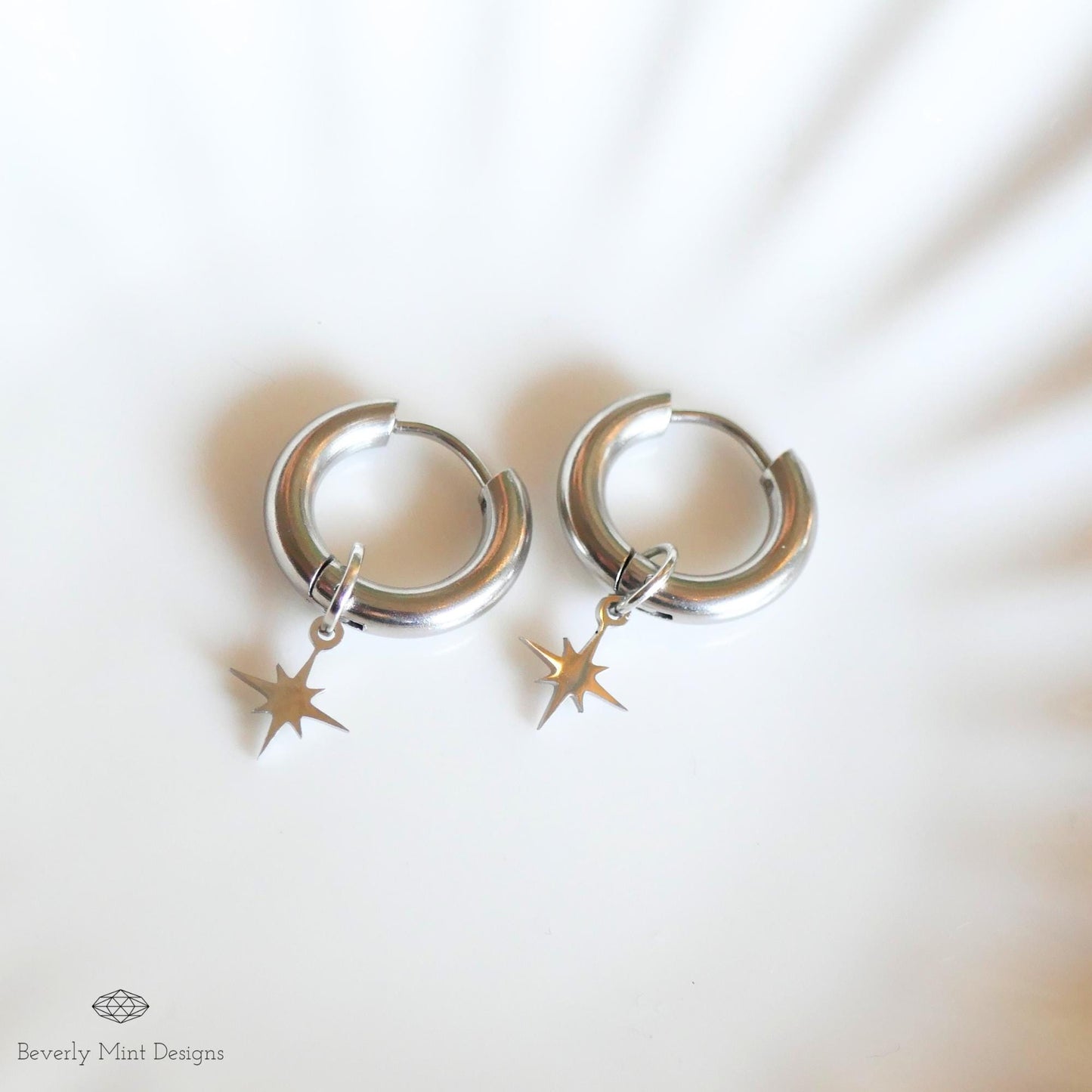 Starburst Stud Earrings, Silver Star Huggie Hoop Earrings, Minimalist Dangle Hoops for Women , Celestial Jewelry, Dainty Star Charm Earrings