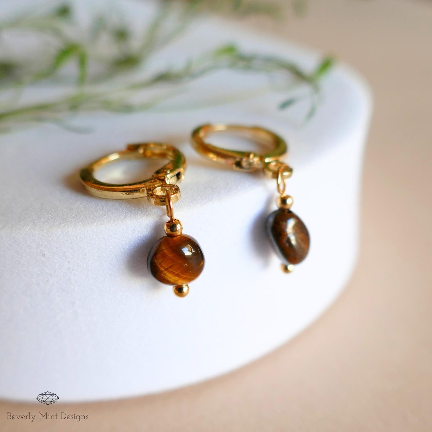 Tiger's Eye Gold Hoop Earrings , Minimalist Dangle Hoops for Women, Handmade Jewelry Gift for Her, Lightweight Earthy Minimalist Jewelry