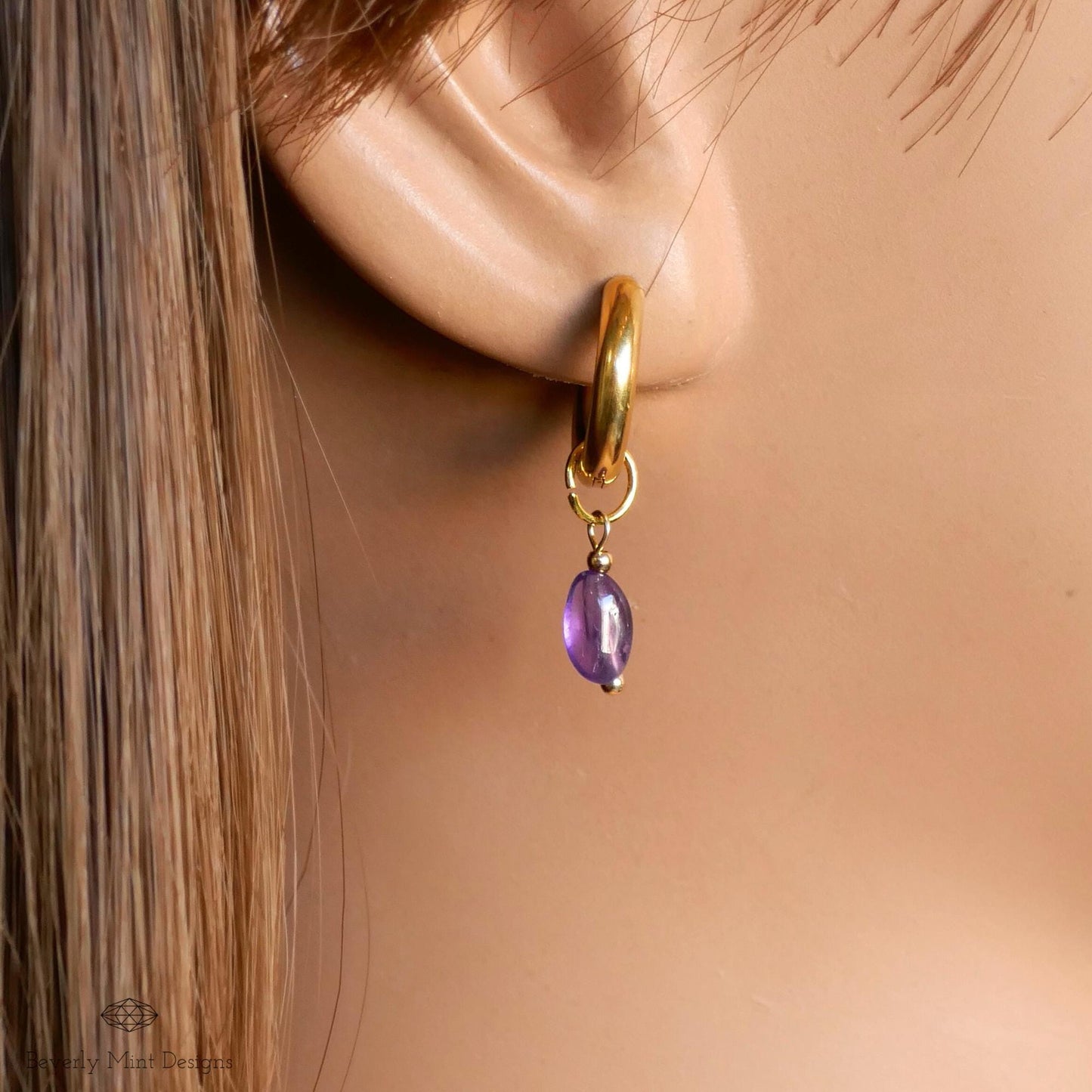 Gold Hoop Earrings with Amethyst , Minimalist Gold Huggie Earrings, February Birthstone Jewelry, Purple Earrings, Handmade Gift for Her