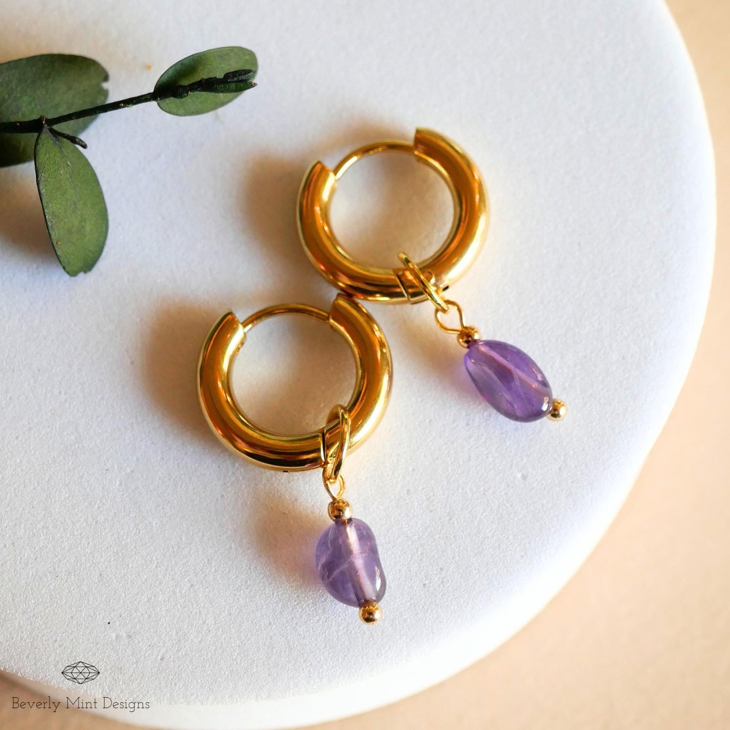 Gold Hoop Earrings with Amethyst , Minimalist Gold Huggie Earrings, February Birthstone Jewelry, Purple Earrings, Handmade Gift for Her