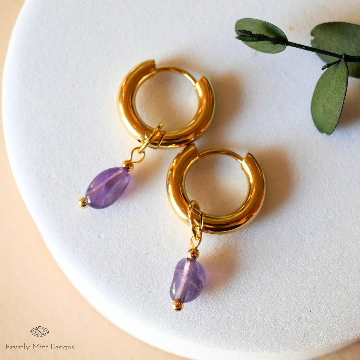 Gold Hoop Earrings with Amethyst , Minimalist Gold Huggie Earrings, February Birthstone Jewelry, Purple Earrings, Handmade Gift for Her