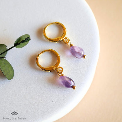 Delicate Gold Hoop Earrings with Amethyst Drops, Minimalist Birthstone Jewelry, Handmade February Gift for Her, Gift For Her
