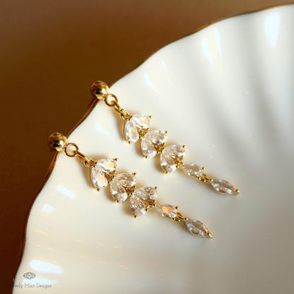 18K Gold Dangle Stud Earrings with Sparkling Zircon, Leaf Earrings, Dangle and Drop Earrings, Bridal Jewelry, Wedding Gift, Bridesmaids gift
