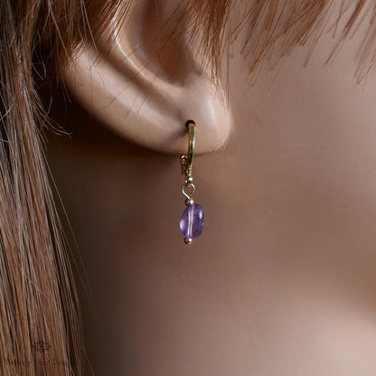 Delicate Gold Hoop Earrings with Amethyst Drops, Minimalist Birthstone Jewelry, Handmade February Gift for Her, Gift For Her