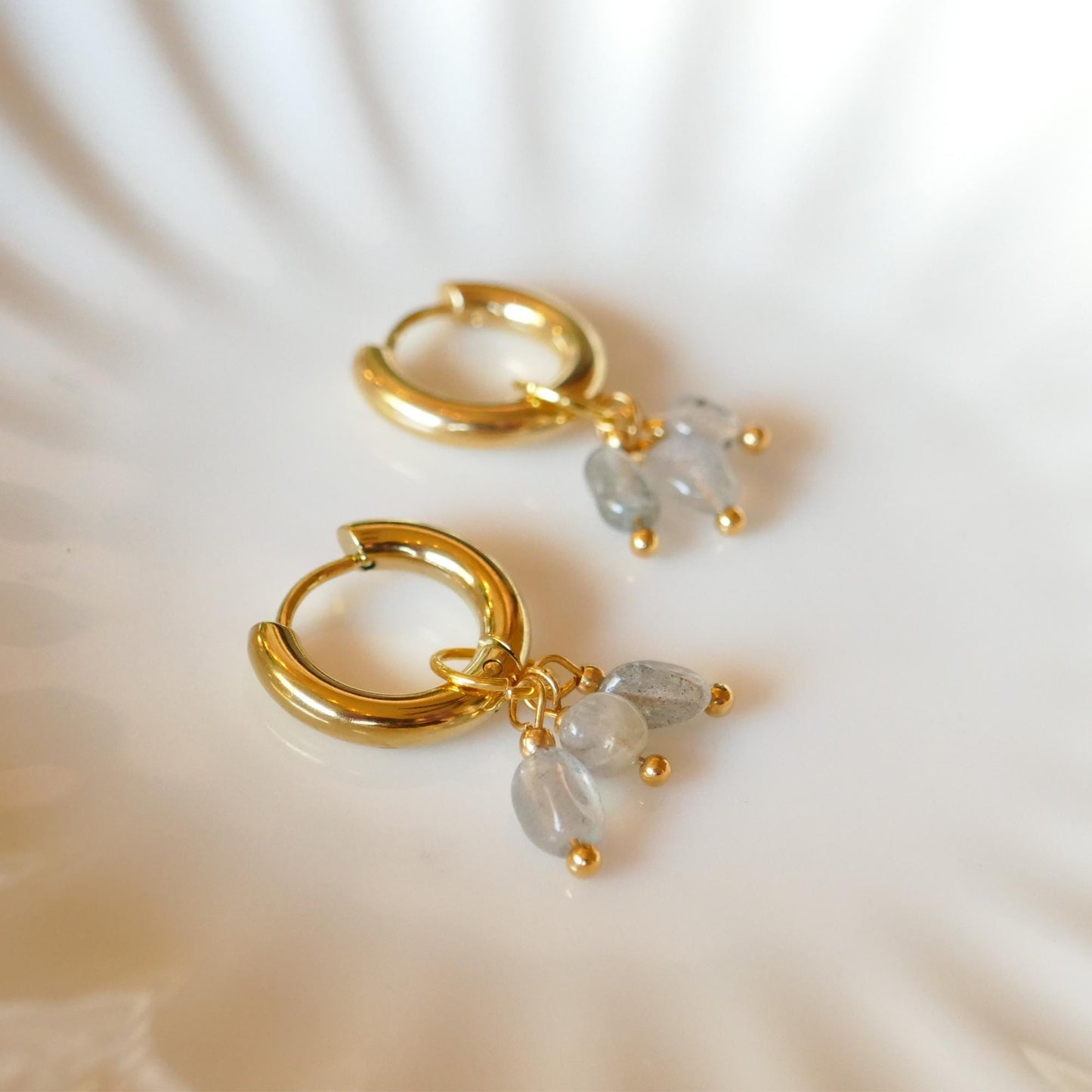 Gold Hoop Earrings with Natural Stone Charms , Gold Huggie Hoops, Minimalist Boho Jewelry Gift for Her, Handmade Dangle Earrings