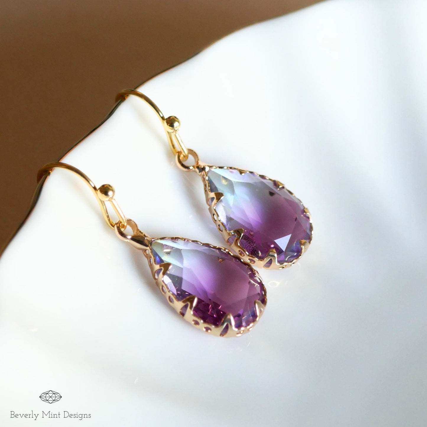Purple Ombre Teardrop Earrings , Faceted Crystal Drop Earrings , Gold Dangle Earrings for Women, Gold and Purple Statement Earrings