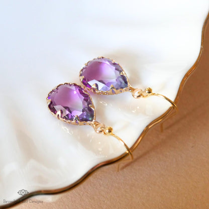 Purple Ombre Teardrop Earrings , Faceted Crystal Drop Earrings , Gold Dangle Earrings for Women, Gold and Purple Statement Earrings