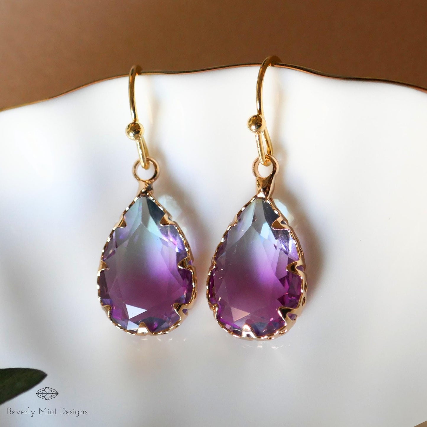 Purple Ombre Teardrop Earrings , Faceted Crystal Drop Earrings , Gold Dangle Earrings for Women, Gold and Purple Statement Earrings
