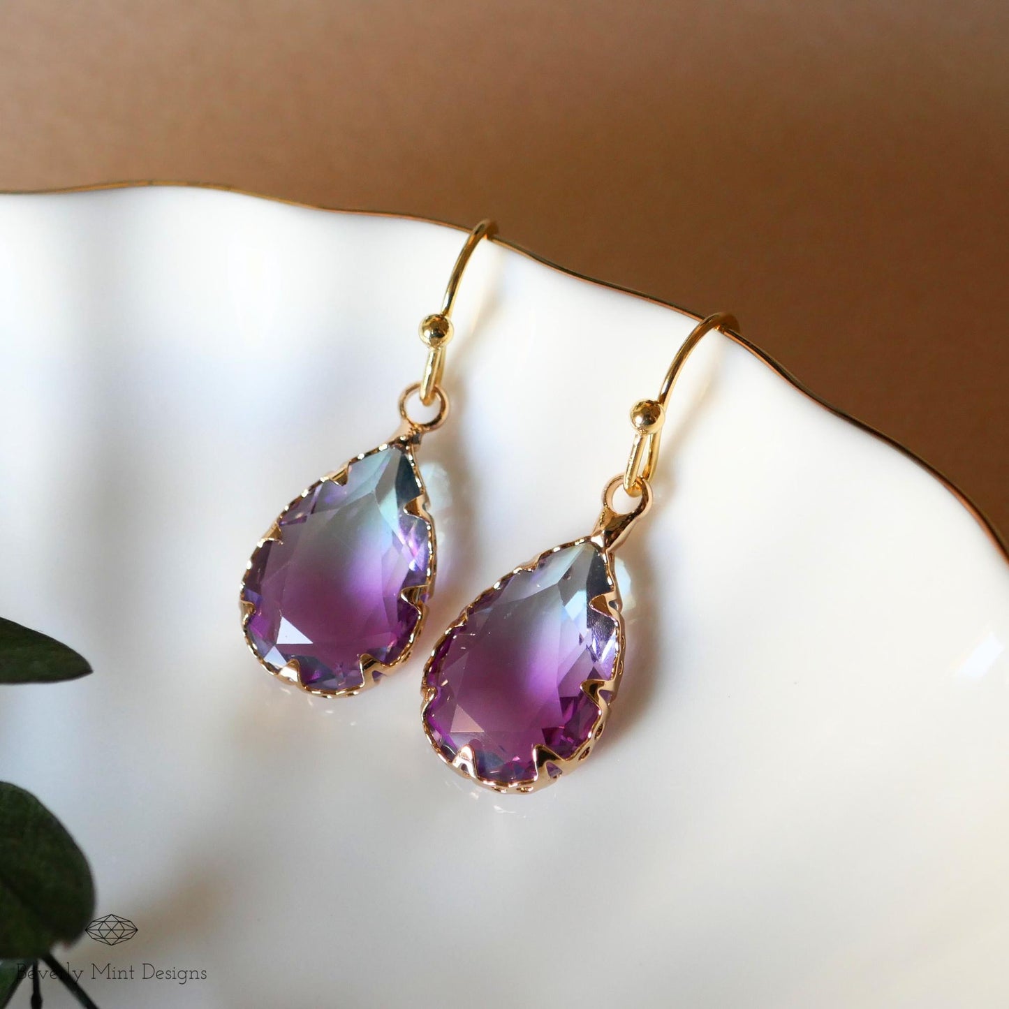 Purple Ombre Teardrop Earrings , Faceted Crystal Drop Earrings , Gold Dangle Earrings for Women, Gold and Purple Statement Earrings