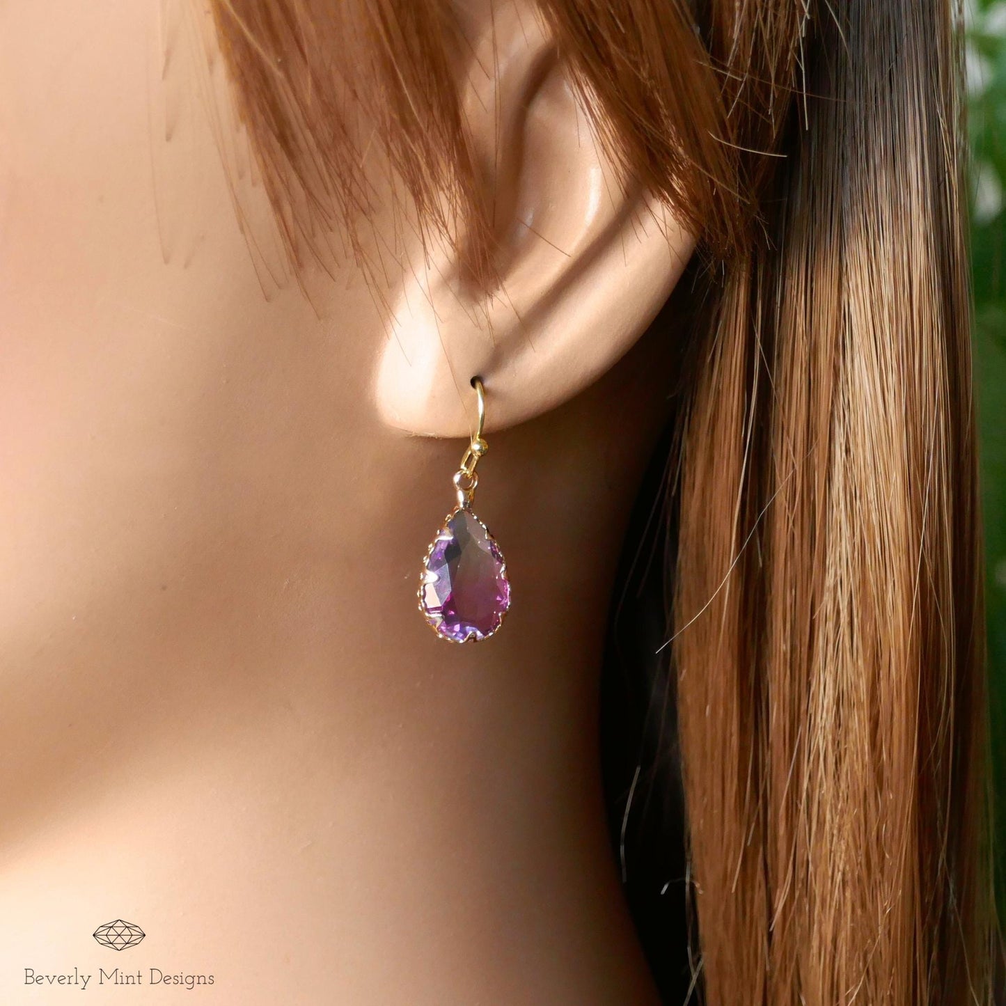 Purple Ombre Teardrop Earrings , Faceted Crystal Drop Earrings , Gold Dangle Earrings for Women, Gold and Purple Statement Earrings