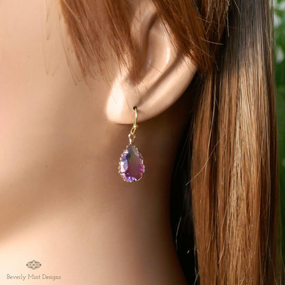 Purple Ombre Teardrop Earrings , Faceted Crystal Drop Earrings , Gold Dangle Earrings for Women, Gold and Purple Statement Earrings