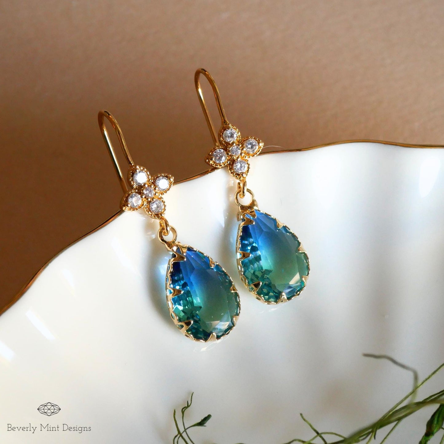 Blue and Green Teardrop Earrings, Blue Ombre Gemstone Drop Earrings, Elegant Teardrop Earrings, Handmade Gradient Crystal Drop Earrings
