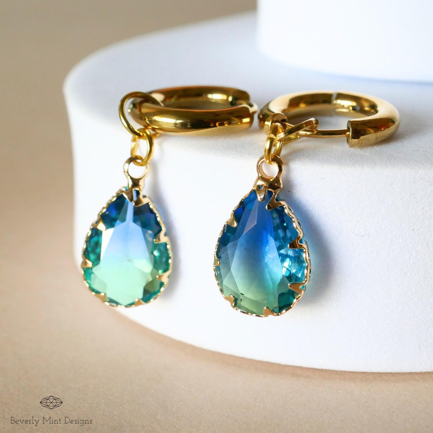 Gold Hoop Earrings with Blue Teardrop Crystal, Gold Huggie Hoop Dangle Earrings, Bridal Earrings, Elegant Earrings, Something Blue Earrings