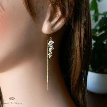 Gold Threader Earrings with Crystal Leaf Design, Sparkling Dangle Earrings with Zircon, Elegant Long Drop Earrings, Bridal Jewelry