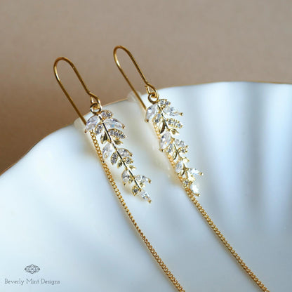 Gold Threader Earrings with Crystal Leaf Design, Sparkling Dangle Earrings with Zircon, Elegant Long Drop Earrings, Bridal Jewelry