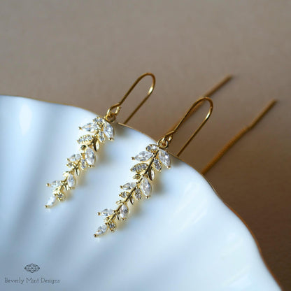 Gold Threader Earrings with Crystal Leaf Design, Sparkling Dangle Earrings with Zircon, Elegant Long Drop Earrings, Bridal Jewelry