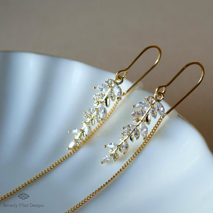 Gold Threader Earrings with Crystal Leaf Design, Sparkling Dangle Earrings with Zircon, Elegant Long Drop Earrings, Bridal Jewelry