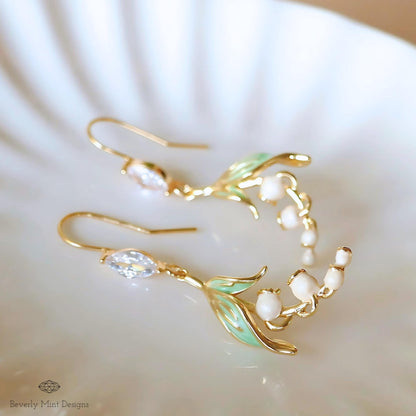Floral Dangle Earrings, Gold Lily Of The Valley Earrings, Birth Flower for May,  Nature-Inspired Cubic Zirconia Jewelry, Botanical Earrings