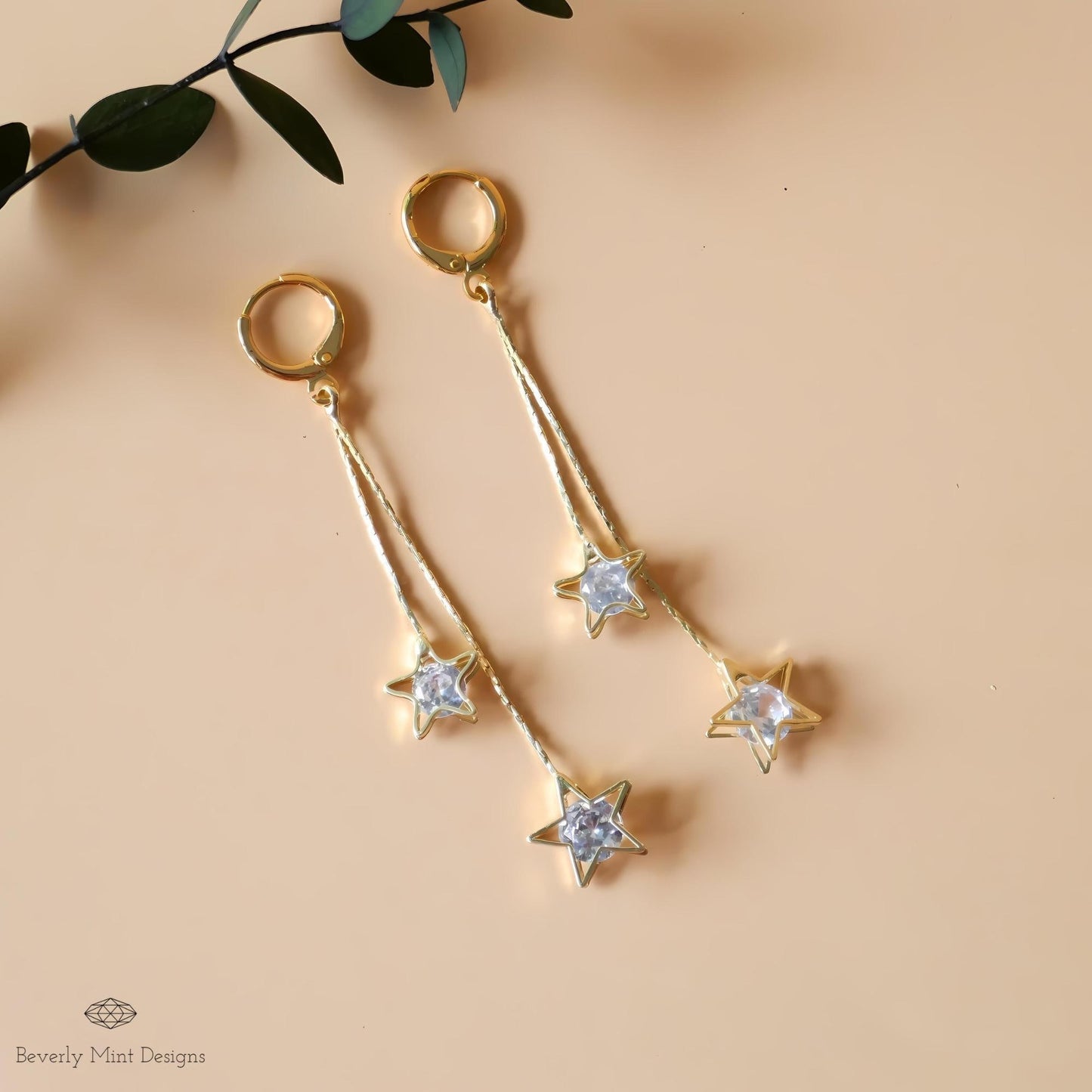 18K Gold Dangle Earrings with Crystal Stars, Hollow Star Earrings, Star Drop earrings, Cubic zirconia Drop Earrings, Gold Star Earrings