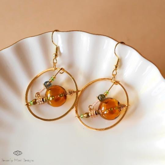 18K Gold Retro Earrings, Unique Drop Earrings, Yellow Glass Bubble Earrings, Unique Dangle Earrings, Long Drop Earrings, Gift For Her