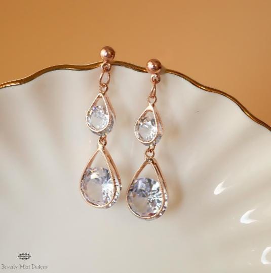 Rose Gold Drop Earrings, Dangle Earrings Rose Gold, Crystal Dangle Earrings, Rose gold Teardrop Earrings, Bridesmaids Jewelry, Wedding Gift