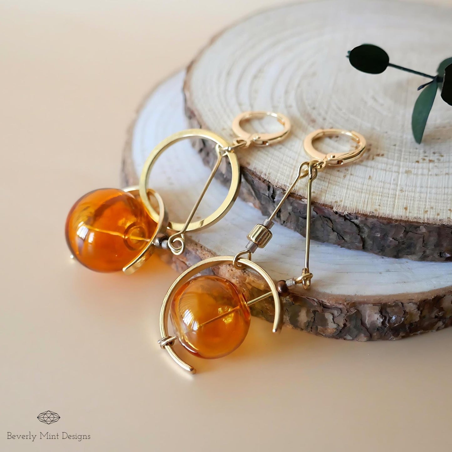 18K Gold Earrings Orange Earrings Glass Ball Dangle Earrings, Asymmetric Earrings Dangling, Orange Yellow Dangle Earrings, Long Earrings