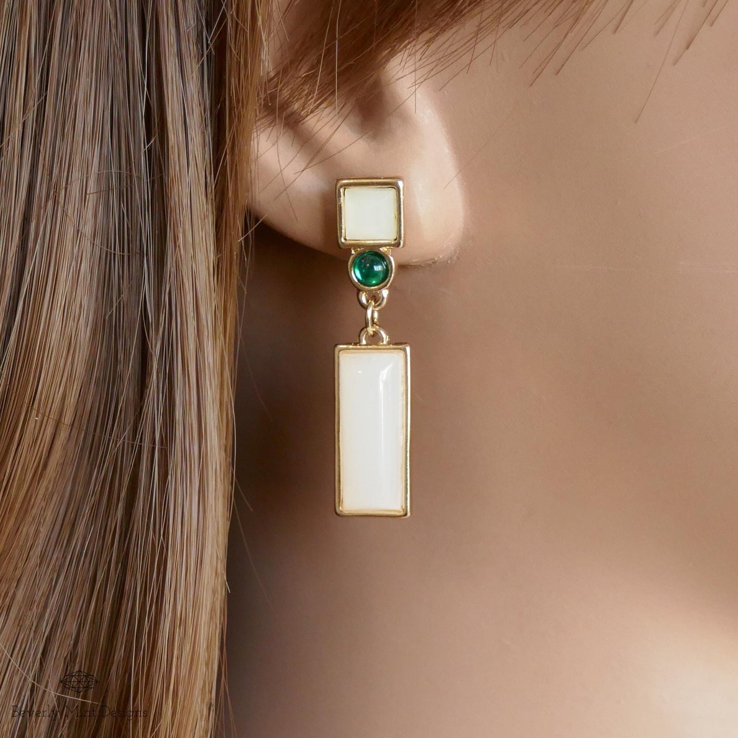 Geometric Earrings with Green Stones , Vintage Style Earrings Dangle and Drop Earrings, Green Drop Earrings, Gift For Her