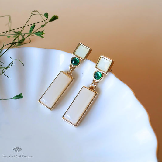Geometric Earrings with Green Stones , Vintage Style Earrings Dangle and Drop Earrings, Green Drop Earrings, Gift For Her