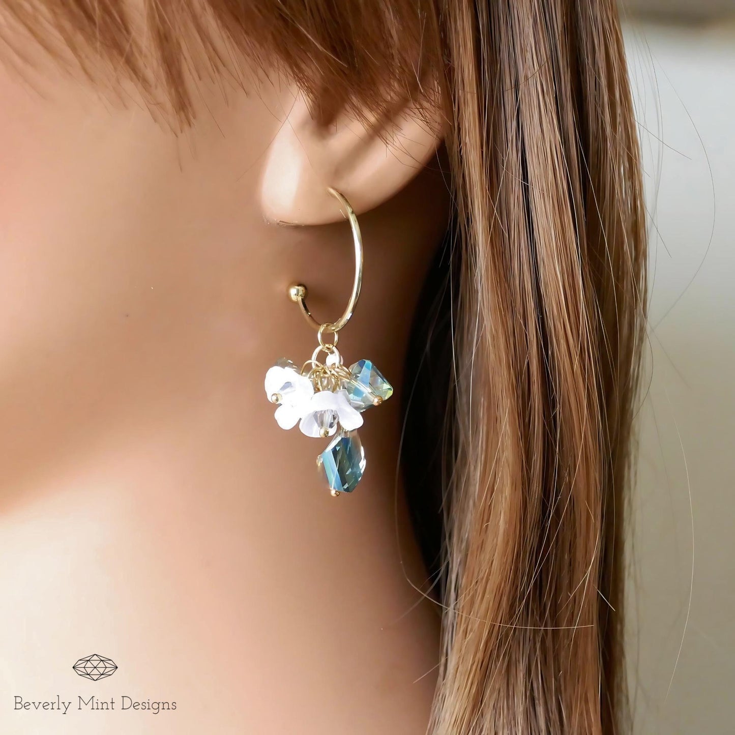 Dangle Flower Earrings , Pearly Floral Earrings, Green Beads Earrings, Gift For Her