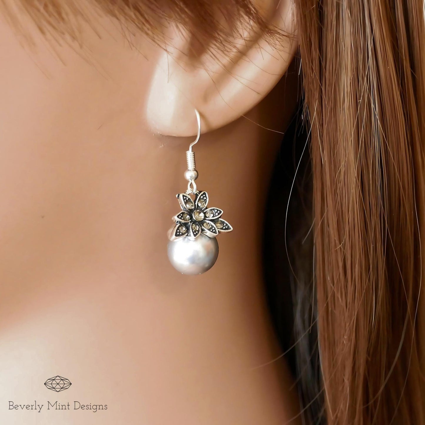 Retro Pearl Earrings, Gray Pearl Drop Earrings, 925 Sterling Silver, Grey Vintage Large Pearl Dangle Earrings, Wedding