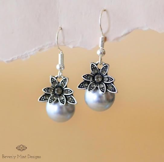 Retro Pearl Earrings, Gray Pearl Drop Earrings, 925 Sterling Silver, Grey Vintage Large Pearl Dangle Earrings, Wedding