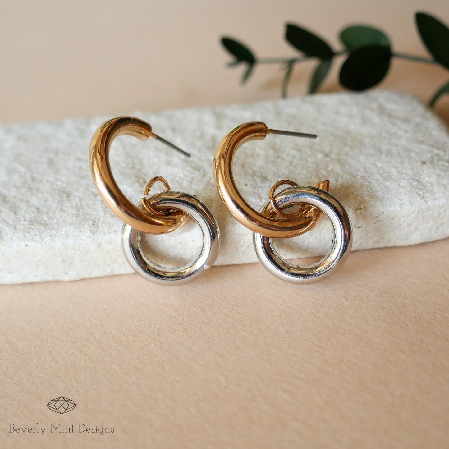 Gold and Silver Double Hoop Earrings , Minimalist Chunky link Earrings , Bold Fashion Earrings , Gift for Her, Gift For Her