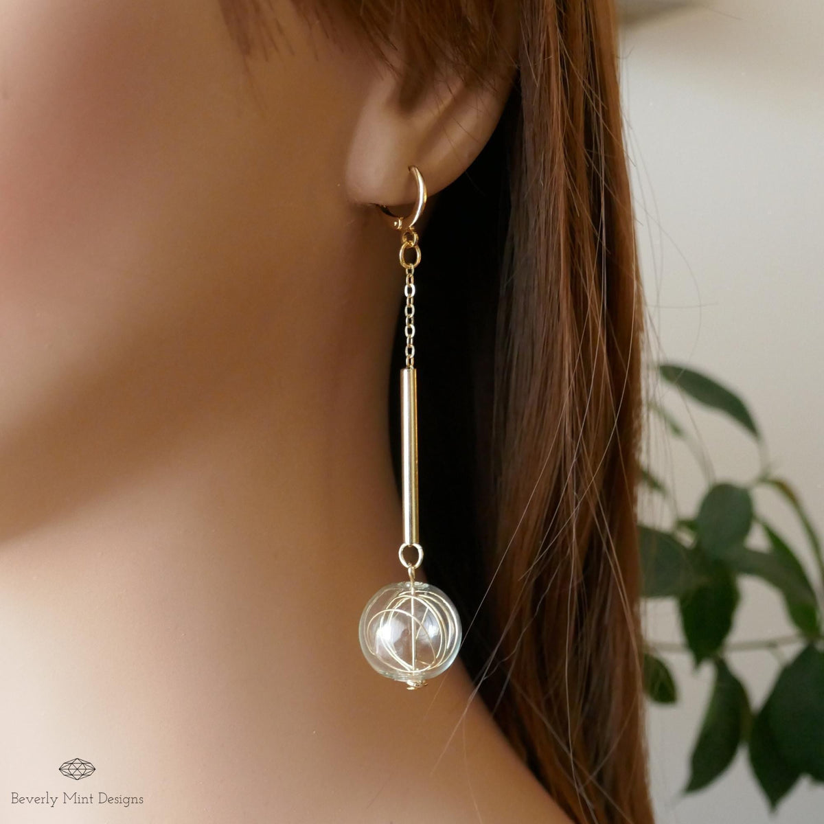 18K Gold Dangle Earrings, Unique Glass Bubble Earrings, Asymmetrical Modern Earrings, Large Earrings, Dangle and Drop Earrings, Gift For Her