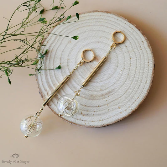 18K Gold Dangle Earrings, Unique Glass Bubble Earrings, Asymmetrical Modern Earrings, Large Earrings, Dangle and Drop Earrings, Gift For Her