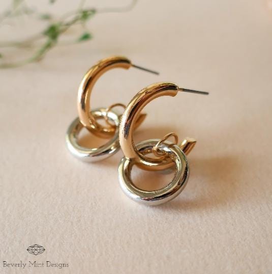 Gold and Silver Double Hoop Earrings , Minimalist Chunky link Earrings , Bold Fashion Earrings , Gift for Her, Gift For Her