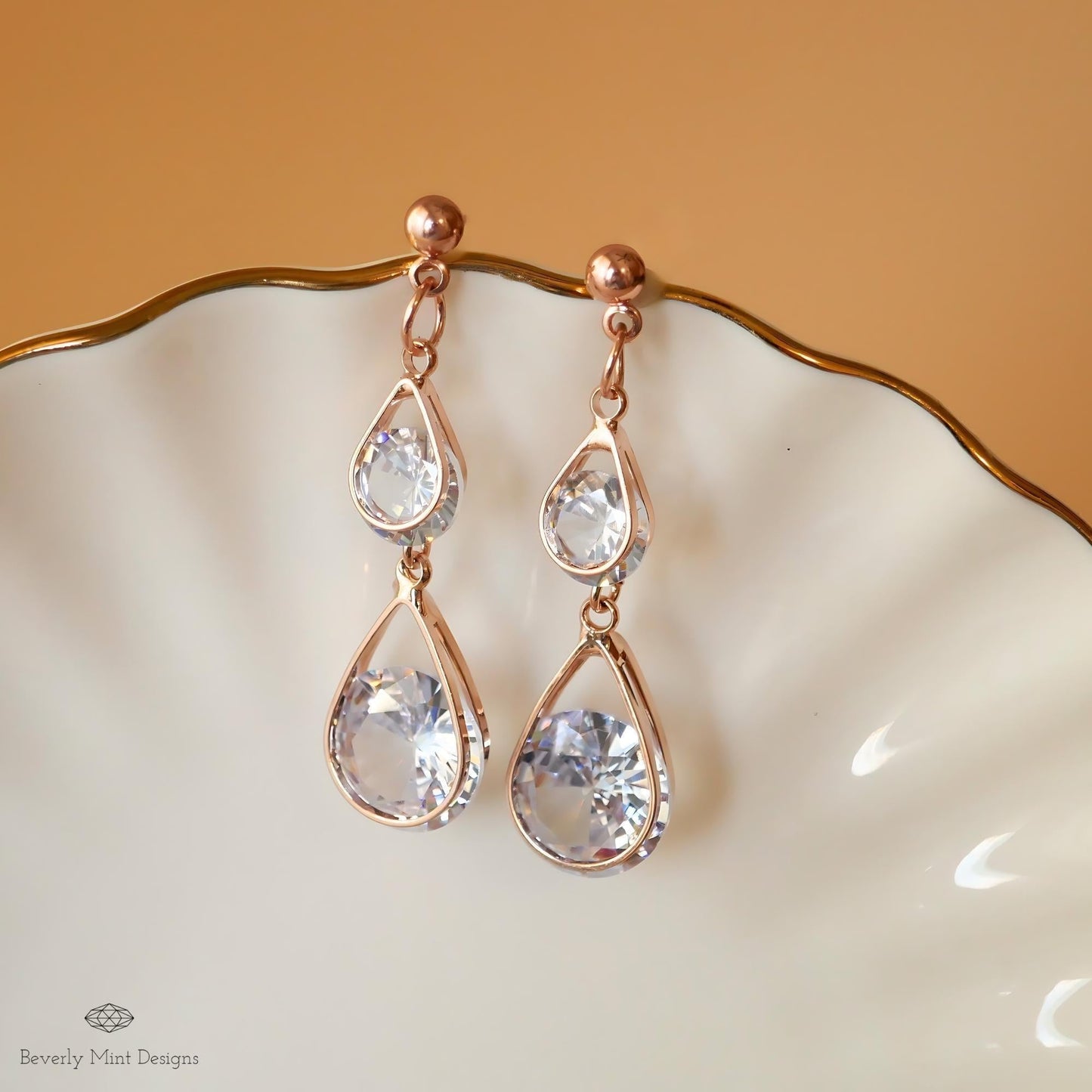Rose Gold Dangle Earrings, Rose Gold Stud Earrings, Waterdrop Earrings, Statement Earrings ,Bride Earrings, Cubic Zirconia, Gift For Her