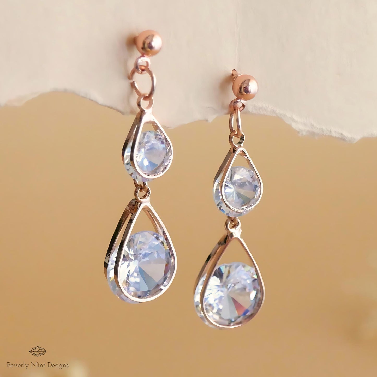 Rose Gold Dangle Earrings, Rose Gold Stud Earrings, Waterdrop Earrings, Statement Earrings ,Bride Earrings, Cubic Zirconia, Gift For Her