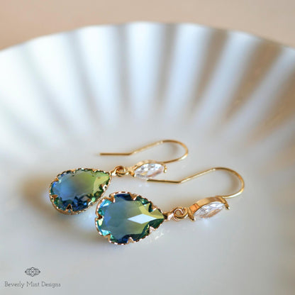 Blue and Green Teardrop Crystal Earrings, Blue Ombre Gemstone Drop Earrings, Elegant Teardrop Earrings with Cubic Zirconia Marquise Crystal