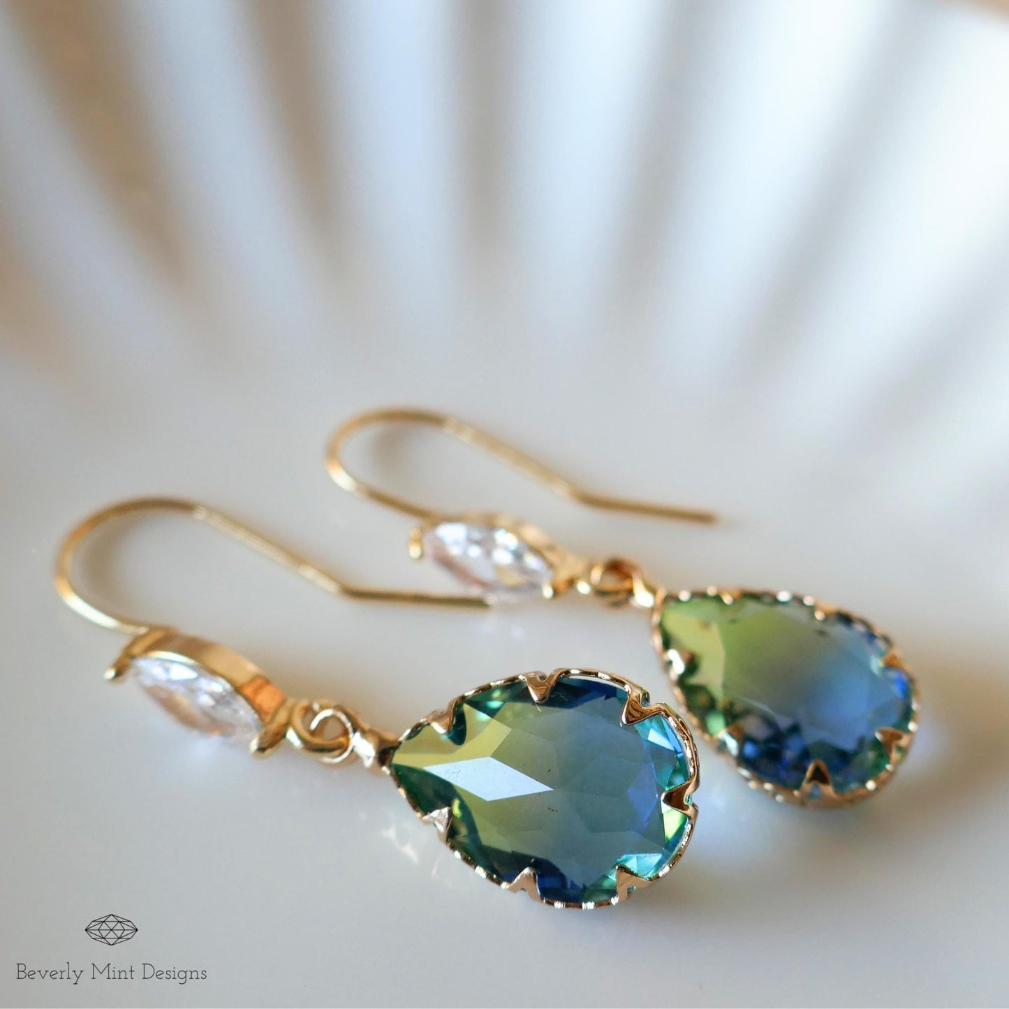 Blue and Green Teardrop Crystal Earrings, Blue Ombre Gemstone Drop Earrings, Elegant Teardrop Earrings with Cubic Zirconia Marquise Crystal
