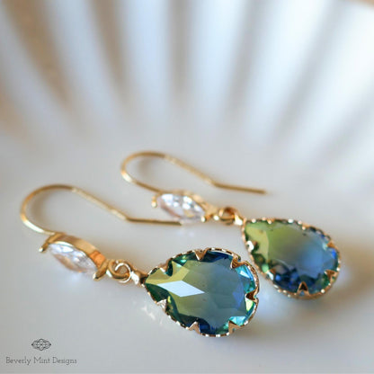 Blue and Green Teardrop Crystal Earrings, Blue Ombre Gemstone Drop Earrings, Elegant Teardrop Earrings with Cubic Zirconia Marquise Crystal