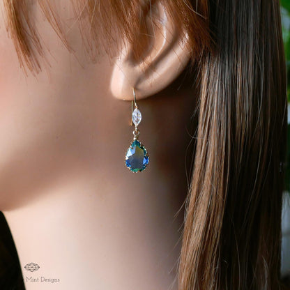 Blue and Green Teardrop Crystal Earrings, Blue Ombre Gemstone Drop Earrings, Elegant Teardrop Earrings with Cubic Zirconia Marquise Crystal