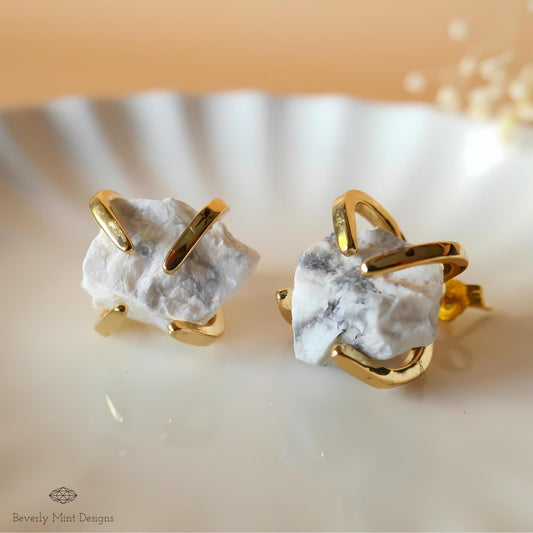 Black White Moonstone Stud Earrings with 18K Gold, White Stone Earrings, 1/2 -3/4 inches, Natural Raw Stone, Chakra Stones, Gift For Her