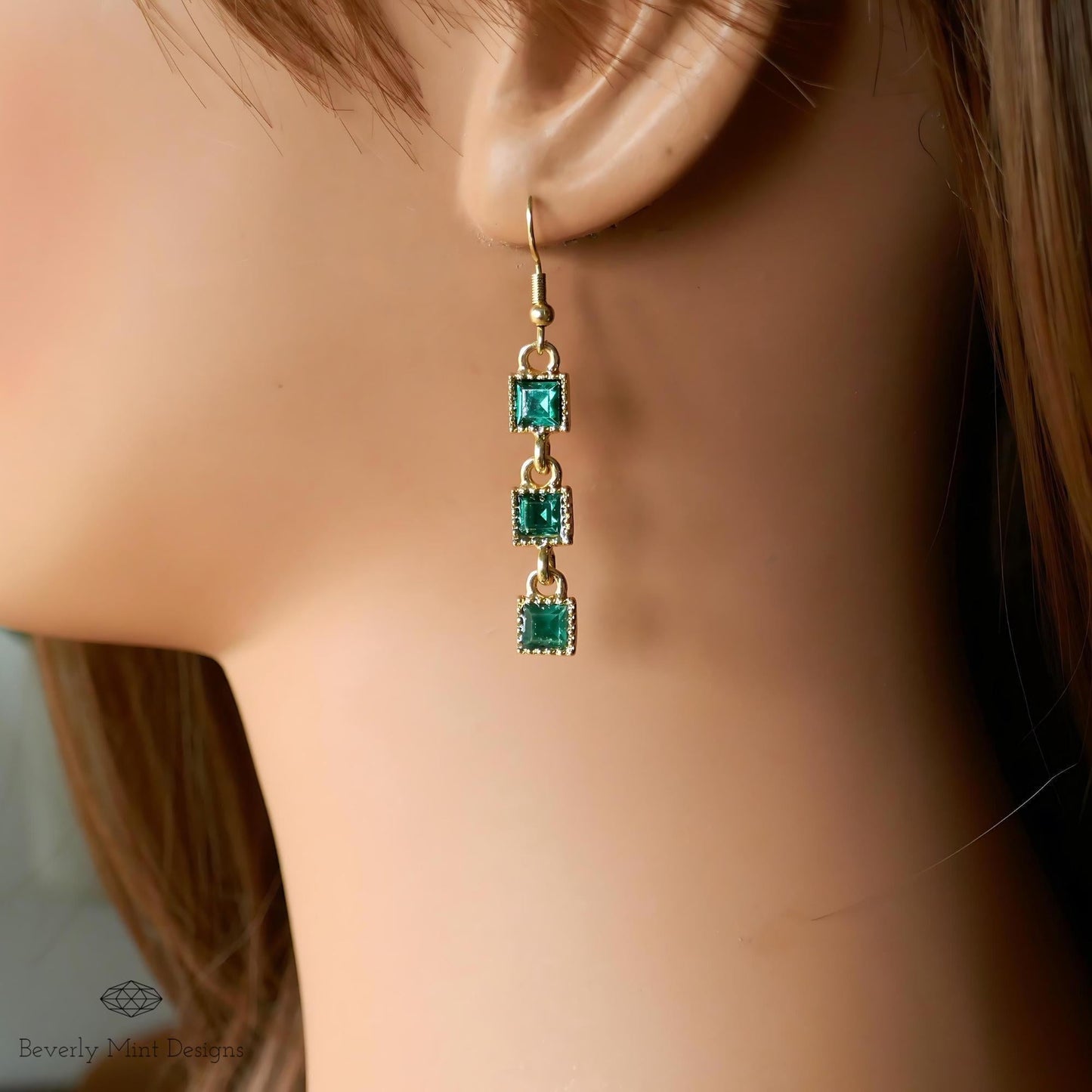 Green Dangle Earrings, 18K Gold Dangle and Drop Earrings with Green Gem Stones, Unique Earrings,  Emerald Green Retro Jewelry