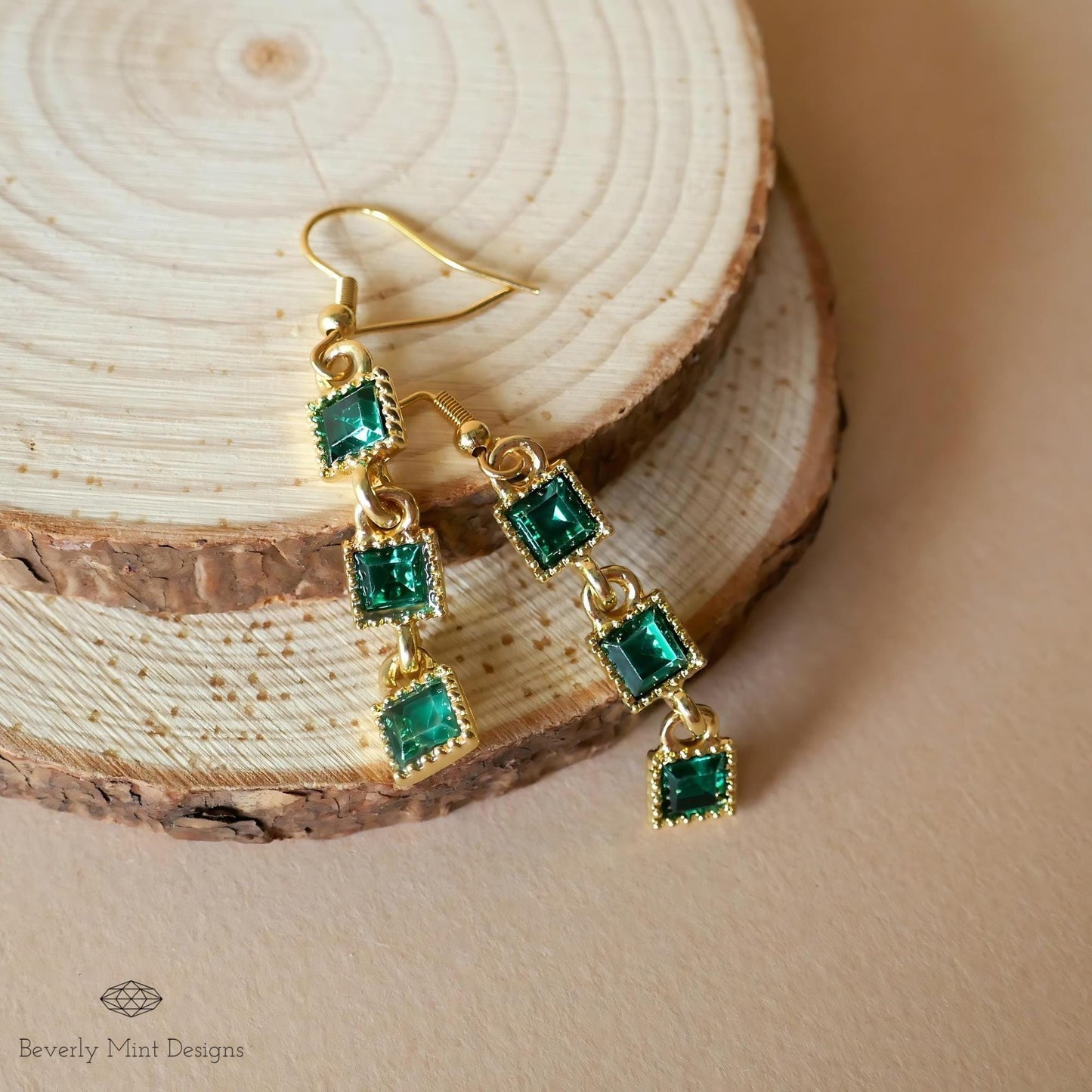 Green Dangle Earrings, 18K Gold Dangle and Drop Earrings with Green Gem Stones, Unique Earrings,  Emerald Green Retro Jewelry