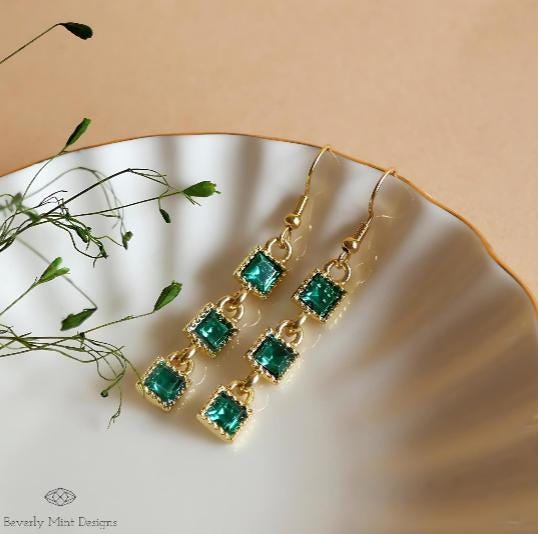 Green Dangle Earrings, 18K Gold Dangle and Drop Earrings with Green Gem Stones, Unique Earrings,  Emerald Green Retro Jewelry