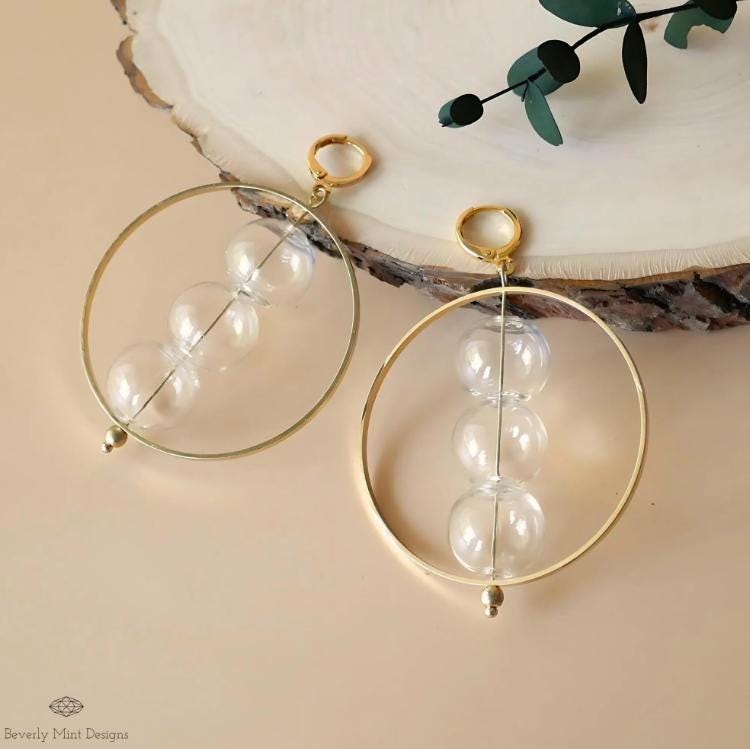 Clear Stacked Sphere Hoop Earring with 18K Gold , Unique Glass Bubble Ball Earrings, Modern Jewelry, Unique Dangle Earrings
