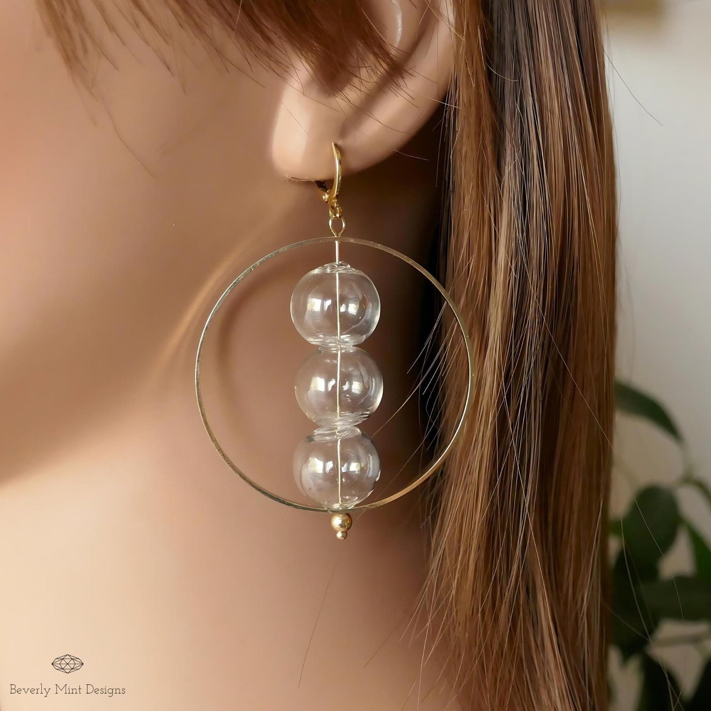 Clear Stacked Sphere Hoop Earrings with 18K Gold Hoop, Unique Glass Bubble Ball Earrings, Modern Jewelry, Unique Dangle Earrings