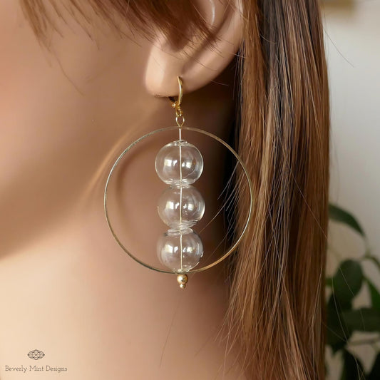 Clear Stacked Sphere Hoop Earrings with 18K Gold Hoop, Unique Glass Bubble Ball Earrings, Modern Jewelry, Unique Dangle Earrings