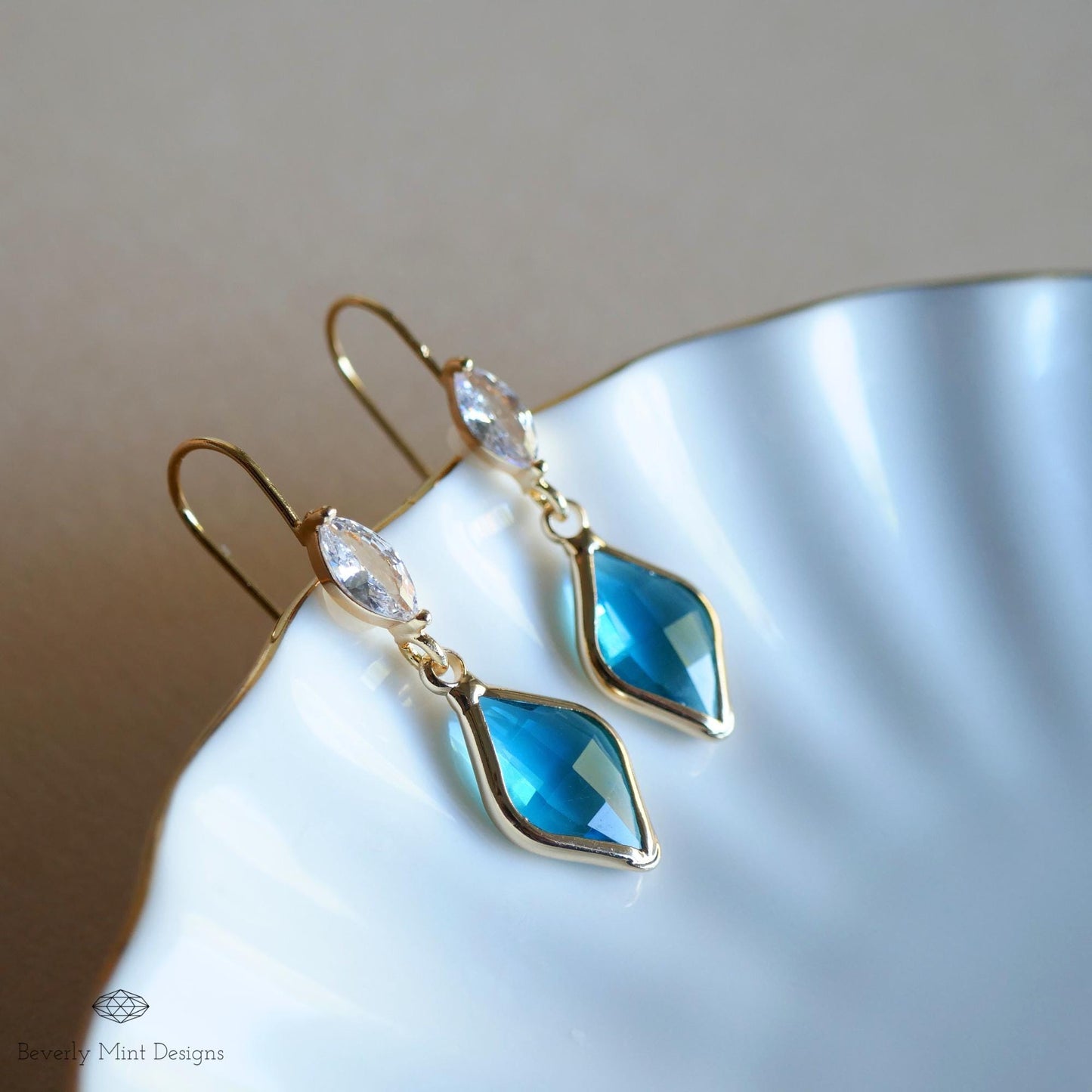 Blue Teardrop Crystal Earrings, Gold Marquise Dangle Earrings, Cubic Zirconia Handmade Jewelry, Gift for Mother, Something Blue Earrings
